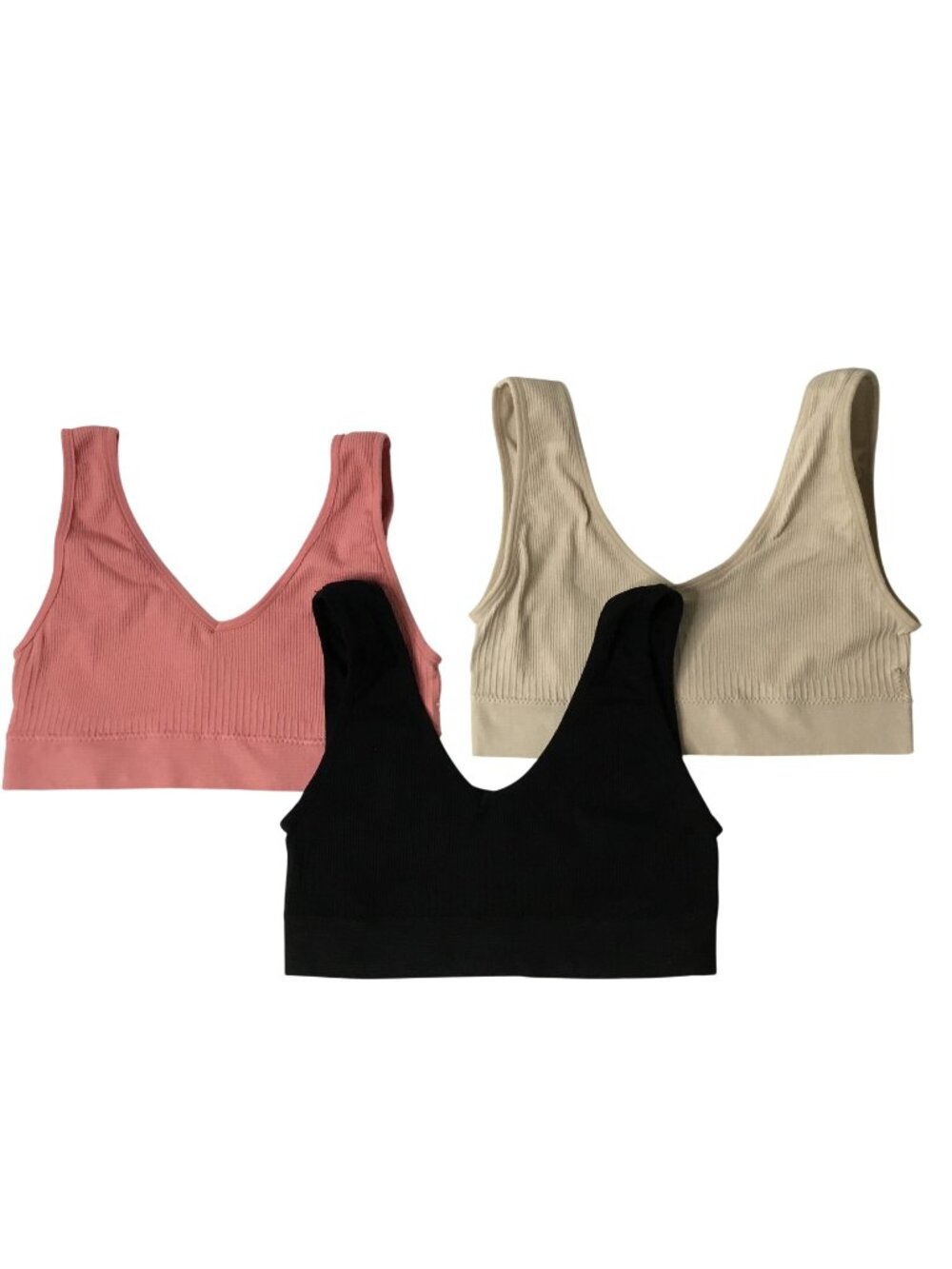 KATHY IRELAND 3 Pack Ribbed Stretch Bralette Black Blush Pink V Neck S Layering